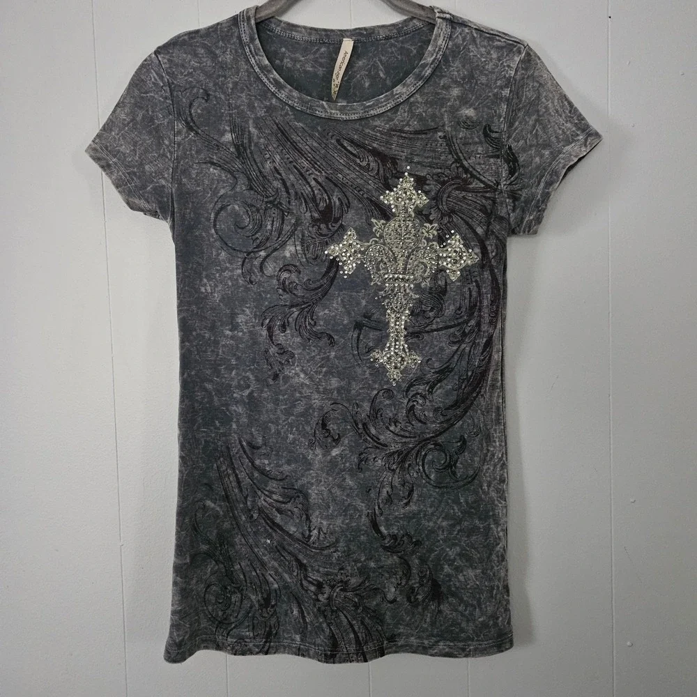 Cross Graphic T-Shirt Women Large Charcoal Wash Short sleeve Grunge - Picture 1 of 7